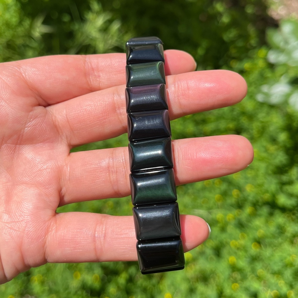 Dainty strechable rainbow obsidian soft bangle - Picture 1 of 3